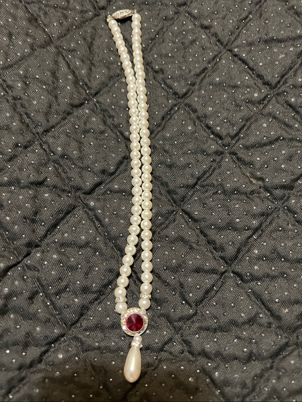 Vintage Style Double Strand Faux Pearl Necklace with Red Gem & Teardrop Pendant